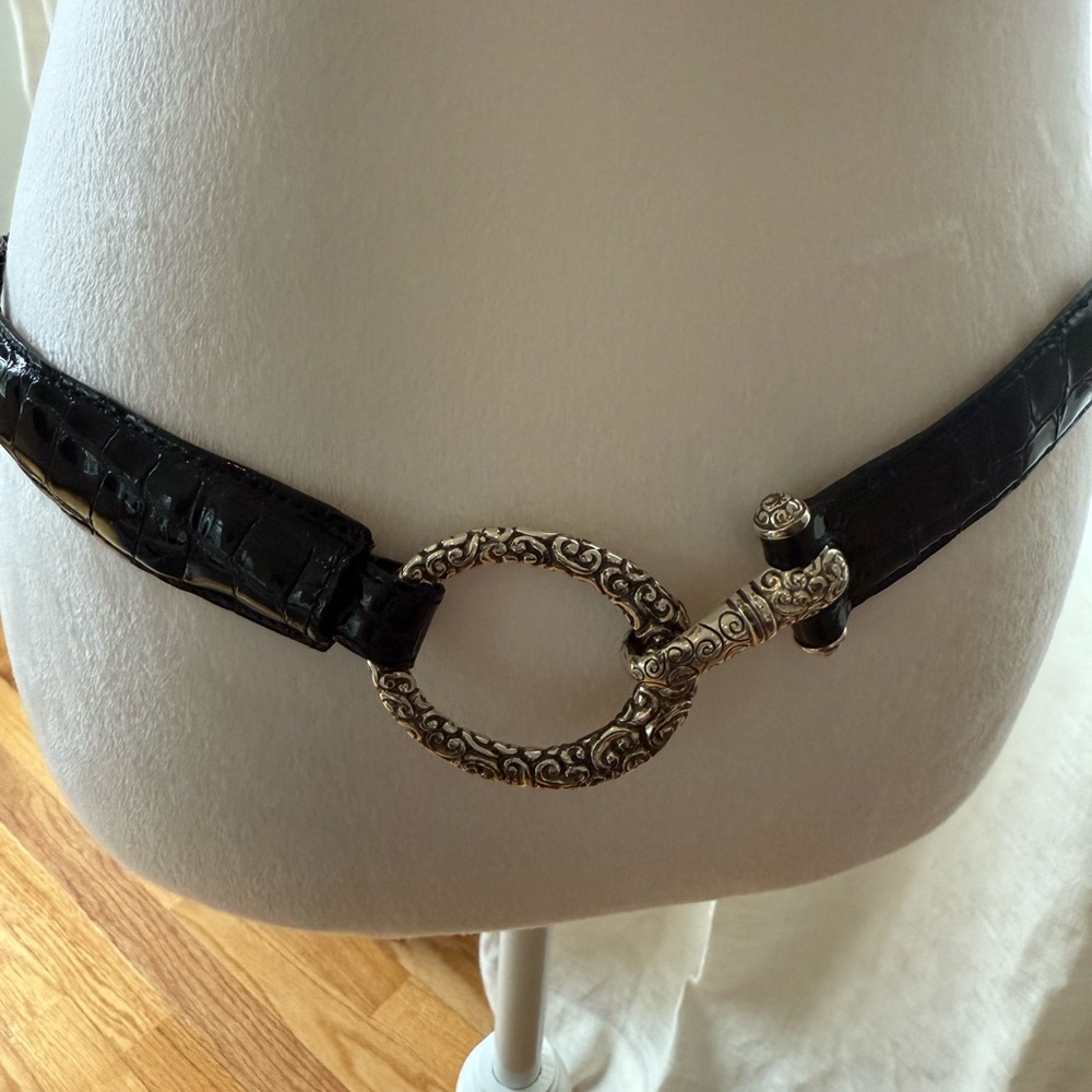 Brighton brand Elegant Black Leather Belt with Silver Buckle Size 32